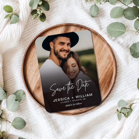 Elegant Script Photo Gradient Save the Date Magneet