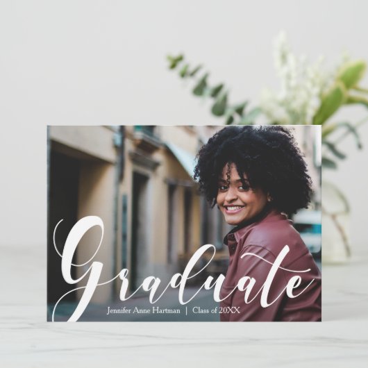 Elegant Script Photo Graduparty Kaart (Staand voorkant)