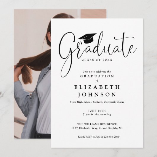 Elegant Script Photo Graduparty Kaart (Voorkant / Achterkant)