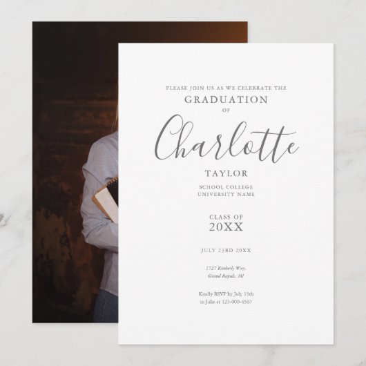 Elegant Script Photo Graduparty Kaart (Voorkant / Achterkant)