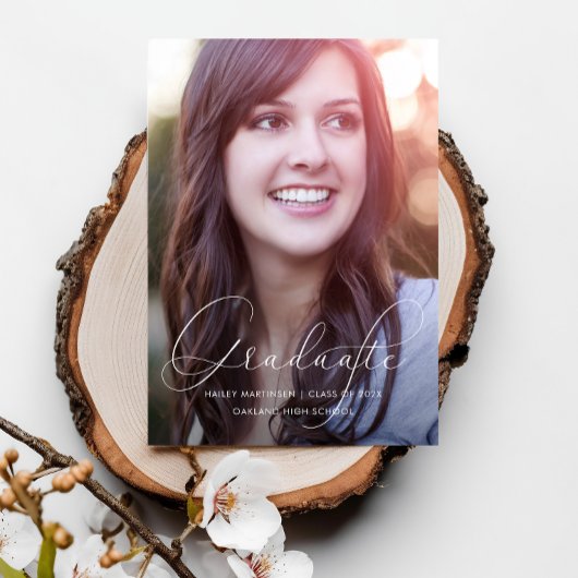 Elegant Script Photo Graduparty White Kaart