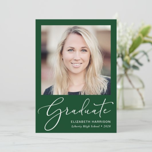 Elegant Script Photo Green Afstuderen Aankondiging (Staand voorkant)