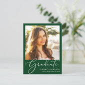 Elegant Script Photo Green Afstuderen Aankondigingskaart (Staand voorkant)