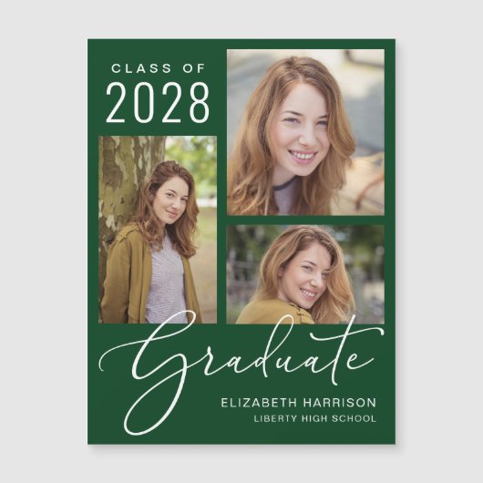 Elegant Script Photo Green Afstuderen Magnetische Uitnodiging (Voorkant)