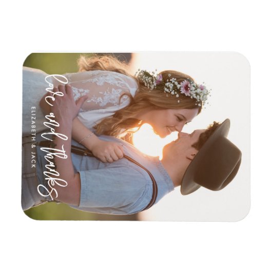 Elegant Script Photo Love and Bedankt Wedding Magneet (Horizontaal)
