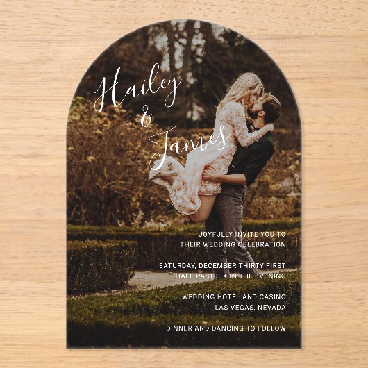 Elegant Script Photo Modern Wedding Acryl Uitnodigingen (Voorkant)