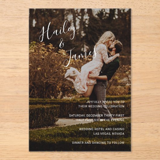 Elegant Script Photo Modern Wedding Acryl Uitnodigingen (Voorkant)