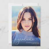 Elegant Script Photo Navy Blue Afstuderen Aankondiging (Voorkant)