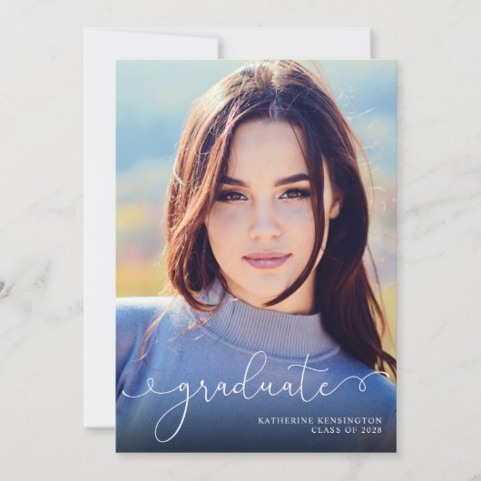 Elegant Script Photo Navy Blue Afstuderen Aankondiging (Voorkant)