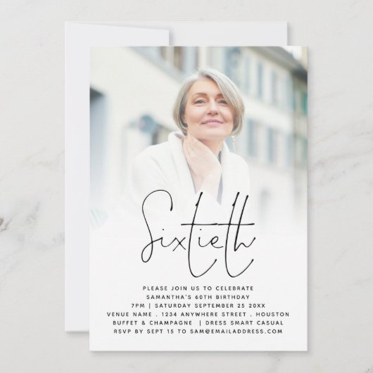Elegant Script Photo Overlay 60th Birthday Kaart (Voorkant)