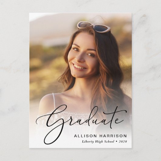 Elegant Script Photo Overlay Afstuderen Aankondigingskaart (Voorkant)