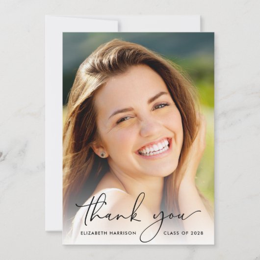 Elegant Script Photo Overlay Afstuderen Bedankkaart (Voorkant)