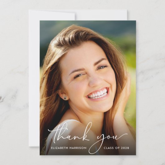 Elegant Script Photo Overlay Afstuderen Bedankkaart (Voorkant)