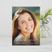 Elegant Script Photo Overlay Afstuderen Bedankkaart (Staand voorkant)