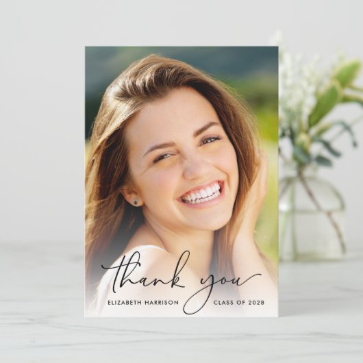 Elegant Script Photo Overlay Afstuderen Bedankkaart (Staand voorkant)