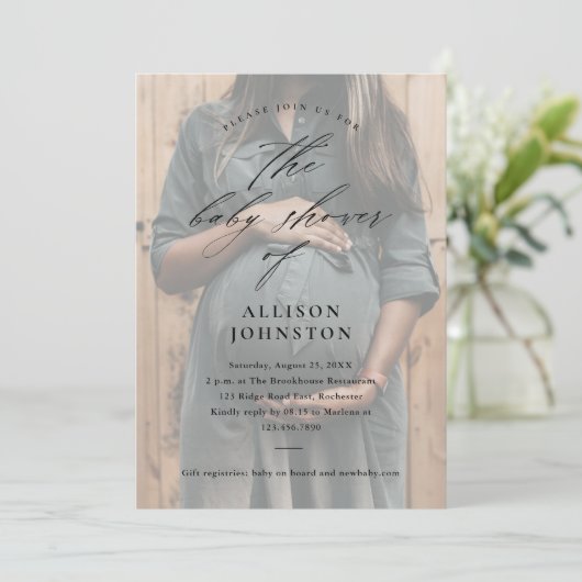 Elegant Script Photo Overlay Baby shower Kaart (Staand voorkant)