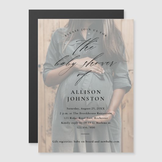 Elegant Script Photo Overlay Baby shower Magnetische Uitnodiging (Voorkant / Achterkant)
