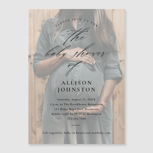Elegant Script Photo Overlay Baby shower Magnetische Uitnodiging (Voorkant)