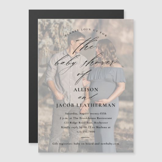 Elegant Script Photo Overlay Baby shower Magnetische Uitnodiging (Voorkant / Achterkant)