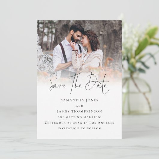 Elegant Script Photo Overlay QR Code Weddenschap Save The Date (Staand voorkant)