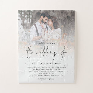 Elegant Script Photo Overlay Wedding Invitation Legpuzzel