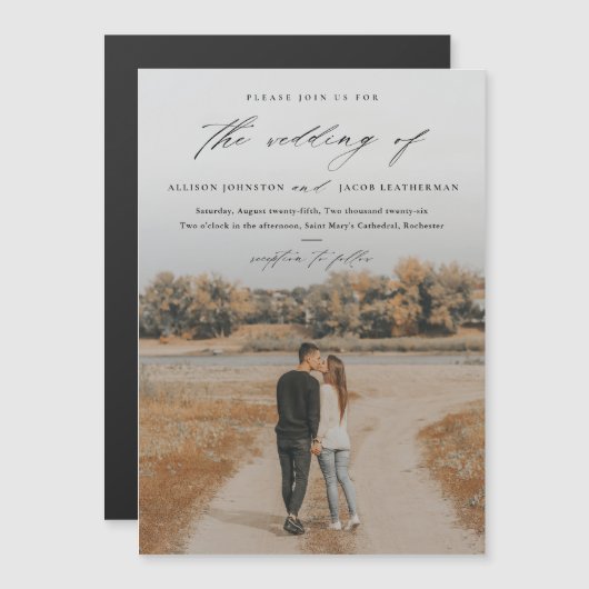 Elegant Script Photo Overlay Wedding Magnetische Uitnodiging (Voorkant / Achterkant)