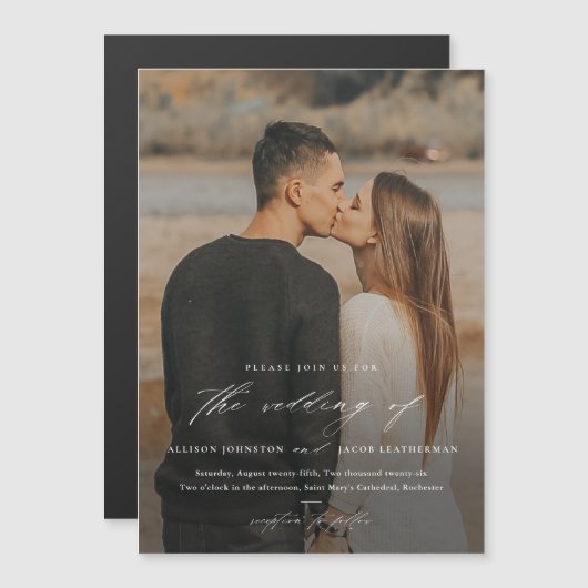 Elegant Script Photo Overlay Wedding Magnetische Uitnodiging (Voorkant / Achterkant)