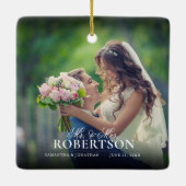 Elegant Script Photo Pas getrouwd Christmas Keramisch Ornament (Achterkant)