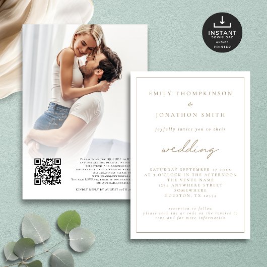 Elegant Script Photo QR Code Weddenschap Kaart
