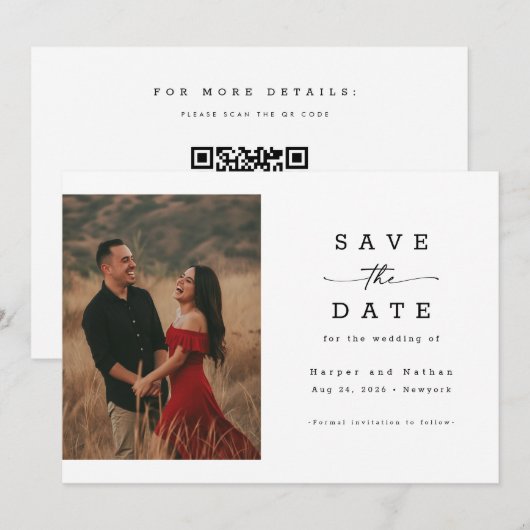 Elegant Script Photo QR Code Wedding Save The Date (Voorkant / Achterkant)