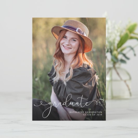 Elegant Script Photo Sage Green Afstuderen Aankondiging (Staand voorkant)