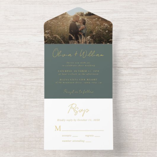 Elegant Script Photo Sage Green Wedding All In One Uitnodiging (Binnenkant)