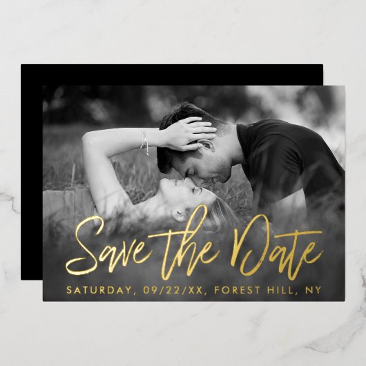 Elegant Script Photo Save the Date Real Folie Uitnodiging (Voorkant / Achterkant)