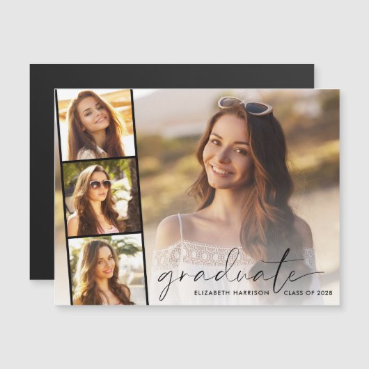 Elegant Script Photo Strip Afstuderen Magnetische Uitnodiging (Voorkant / Achterkant)