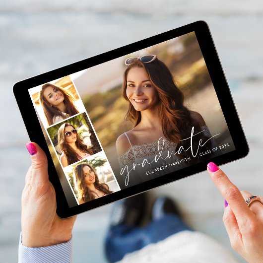 Elegant Script Photo Strip Graduparty Kaart