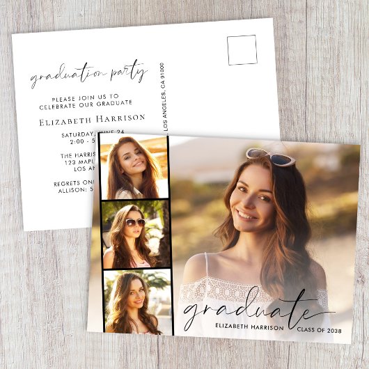 Elegant Script Photo Strip Graduparty Uitnodiging Briefkaart