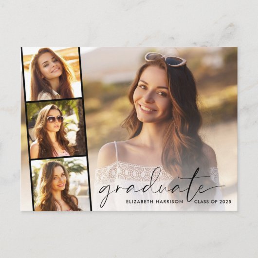 Elegant Script Photo Strip Graduparty Uitnodiging Briefkaart (Voorkant)