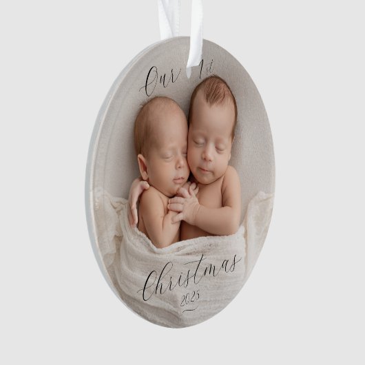 Elegant Script Photo Twin Babies First Christmas Ornament (voorkant)