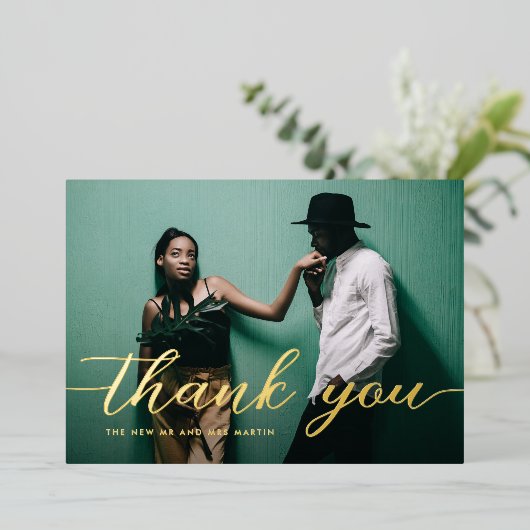 Elegant Script Photo Weddenschap Bedankt Folie Feestdagenkaart (Staand Voorkant)