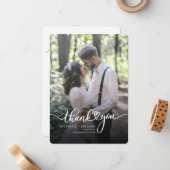 Elegant Script Photo Weddenschap Bedankt Notitiekaartje (Voorkant / Achterkant in situ)