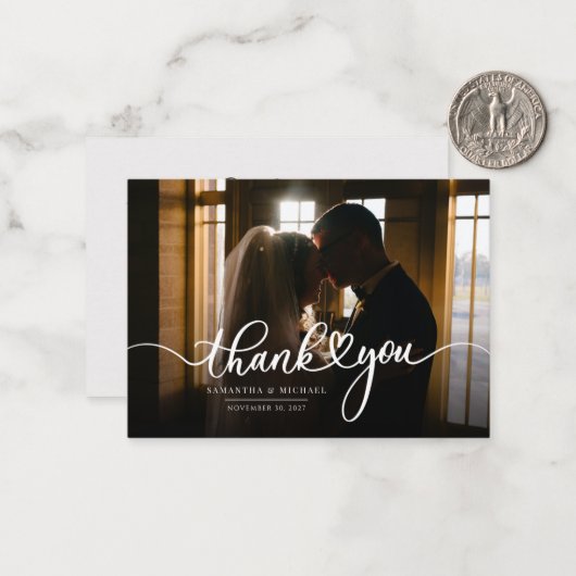 Elegant Script Photo Weddenschap Bedankt Notitiekaartje (Voorkant / Achterkant in situ)