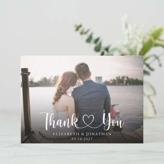 Elegant Script Photo Weddenschap Hartelijk dank Kaart (Staand voorkant)