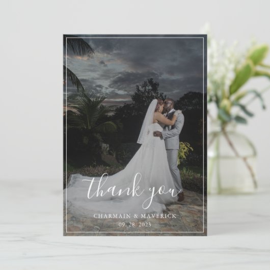 Elegant Script Photo Wedding Bedankkaart (Staand voorkant)