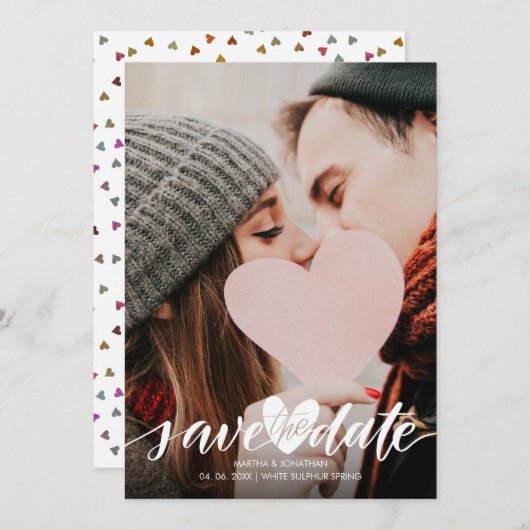 Elegant Script Photo Wedding Heart Confetti Save The Date (Voorkant / Achterkant)