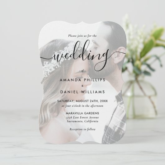 Elegant Script Photo Wedding Kaart (Staand voorkant)