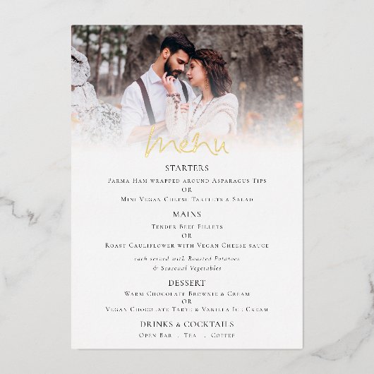 Elegant Script Photo Wedding Real Folie Menu Kaart (Voorkant)