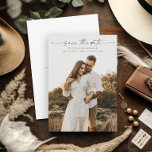 Elegant Script Photo Wedding Save The Date<br><div class="desc">Een Elegant Script Photo Wedding Sla de datum op met verticale portretfoto en minimale tekst. Klik op de personaliseerknop om dit ontwerp aan te passen.</div>