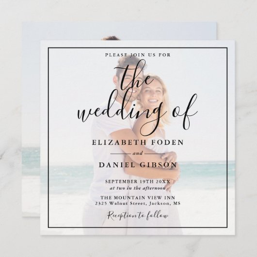 Elegant Script Photo Wedding Square Kaart (Voorkant / Achterkant)