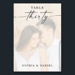 Elegant Script Photo Wedding Table Number 30 Kaart<br><div class="desc">Dit ontwerp bevat een mooie foto van uw keuze. Klik de "Klik om verder"knoop aan te passen om de kleur van de manuscriptformulering uit te geven. Het afbeelding van de foto van de beweging boven bekledingslagen aan centrum. Bekijk het hele collectie voor meer overeenkomende objecten!</div>