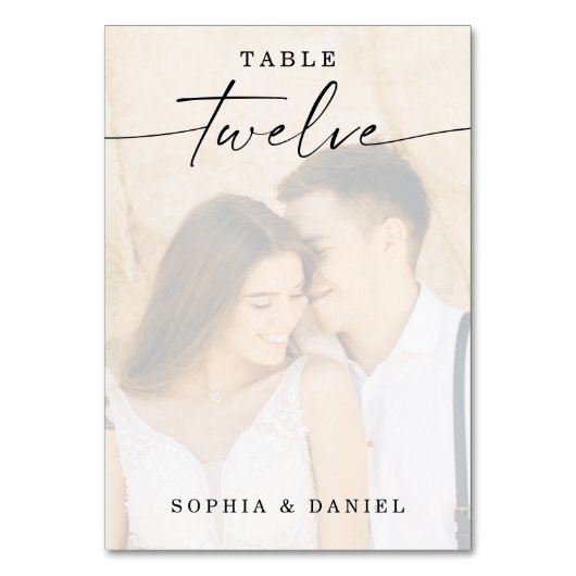 Elegant Script Photo Wedding Table Number Twaalf Kaart (Voorkant)